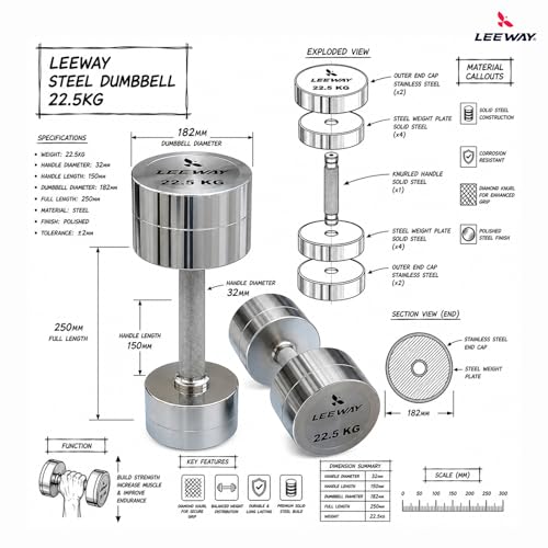 Image of Leeway Steel Dumbbell Set 22.5 Kg x 2 | Chrome Dumbbells for Home Gym | Rust-Resistant Non-Slip Grip | Strength Training Metal Dumbbell Set | Iron Dumbell | Round Dumble | (22.5kg X 2 = 45kg Chrome)