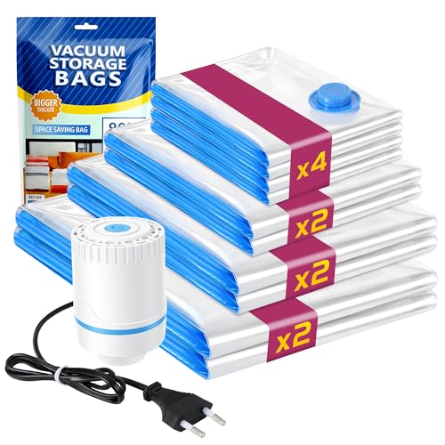 Sac Rangement Sous Vide Aspirateur Avec Pompe Électrique - 10 Sacs (4S,2M,2L,2XL) - Housse Sous Vide Pour Vetement Compressibles pour Couettes, Voyage, Économie d'Espace-Poussière et Humidité