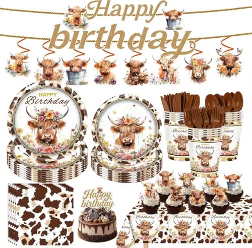 159pcs Brown Cow Birthday Decorations Include Tableware Set Banner Hanging Tablecloth Cupcake Topper Centerpiece for Western Farm Animals Kids Birthday Baby Shower Serves 20