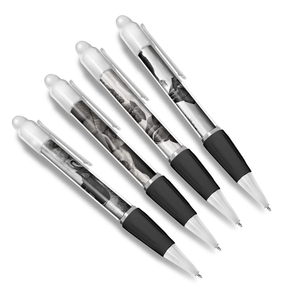 DV DESIGN Set of 4 Elephants White Ballpoint Pens - Animal African Wild Nature Safari Themed Boys Girls Men Women Pen #79628