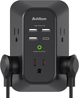 Surge Protector Outlet Extender, Addtam Multi Plug Wall Outlet with 4 USB Ports(1 USB-C), 3-Sided 1800J Power Strip Plug Extension Outlet Splitter, Black