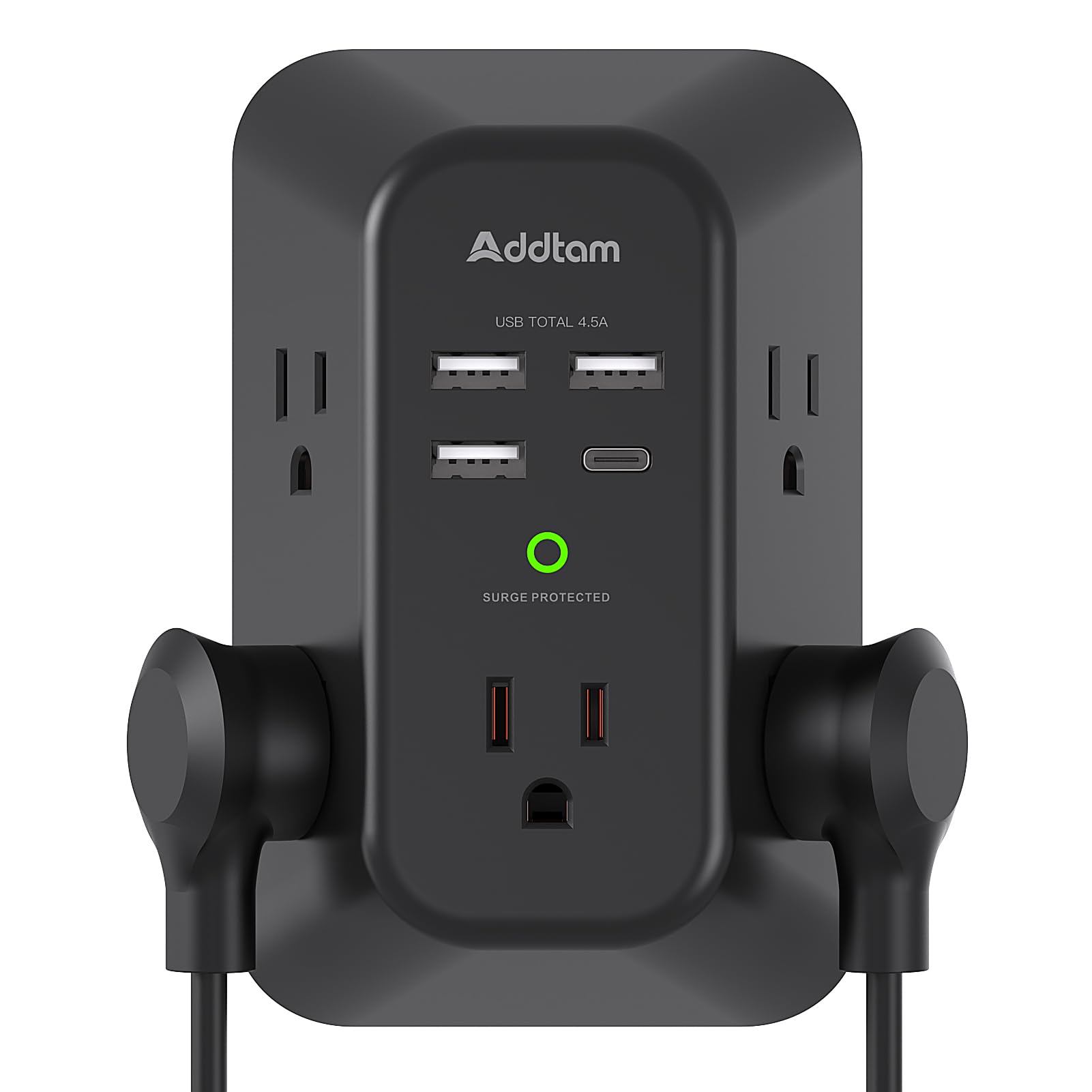 Surge Protector Outlet Extender, Addtam Multi Plug Wall Outlet with 4 USB Ports(1 USB-C), 3-Sided 1800J Power Strip Plug Extension Outlet Splitter, Black