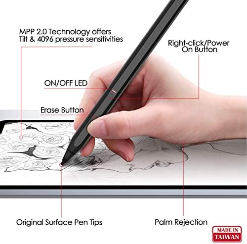 RENAISSER Raphael 520 Stylus Pen for Surface, Designed in Houston, Made in Taiwan, 4096 Pressure Sensitivity, Compatible with New Surface Pro 8 & Pro 7/Laptop Studio/Go 3, Rechargeable