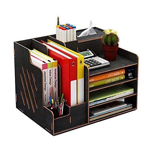 Wooden Desk Organizer, Large Capacity DIY Office Supplies Storage Box File Rack Paper Document Magazine Holder Sorter (Black)