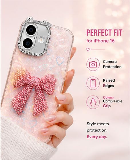 Image of mobistyle Compatible with iPhone 16 | Rhinestone Bow Elegant Heart Shell Pattern and Camera Lens Protection Back Cover Case for Women Girls iPhone 16 (Pink)