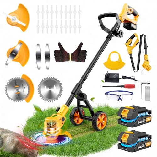 Image of Electric Weed Wacker Cordless with Wheels,Electric Weed Eater Battery Powered,4 in 1 Grass Trimmer /Brush Cutter /Grass Edger /Small Lawn Mower,No String Trimmer with Metal Blade,2 Battery