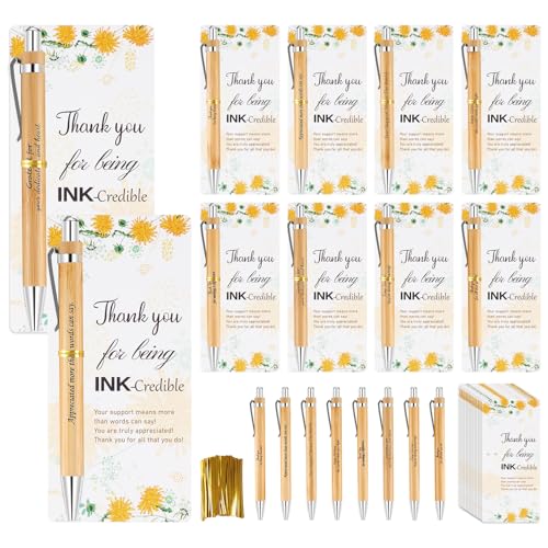 Zowekto 24 Set Employee Graduation Appreciation Gifts Bulk – Inspirational Bamboo Pens with Thank You Cards, Motivation Gifts for Teachers, Coworkers, Volunteers, Paraprofessionals, and Staff