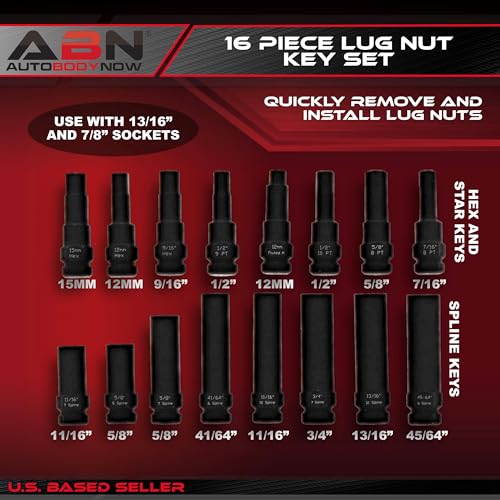 Image of ABN Wheel Lock Removal Tool Kit Lug Nut Key Set 16p SAE /Metric Master Lug Key Wheel Lock Kit