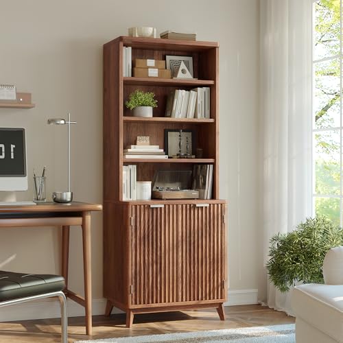 DurayLoly Tall Bookshelf with Doors, 6-Tier Bookcase with Adjustable Shelves & Storage,Fluted Cabinet Mid-Century Modern Wooden Book Shelf for Home Office, Living Room, Kitchen, Walnut