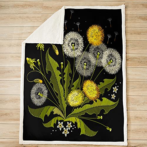 Dandelion Themed Fleece Throw Blanket Girls Women Botanical Floral Printed Sherpa Blanket For Couch Bed Sofa Blossom Flowers Plush Blanket Chic Natural Theme Fuzzy Blanket Room Decorthrow 50"X60" #TOP2