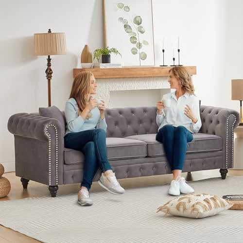 Image of Mid Century Modern Couch, 85.5 inchW Velvet Fabric Button Tufted Oversized Loveseat Sofa with Nailhead Trim & Roll Armrests, Deep Seat Comfy Chesterfield Sofa for Living Room, Office(3 Seater, Light Grey)