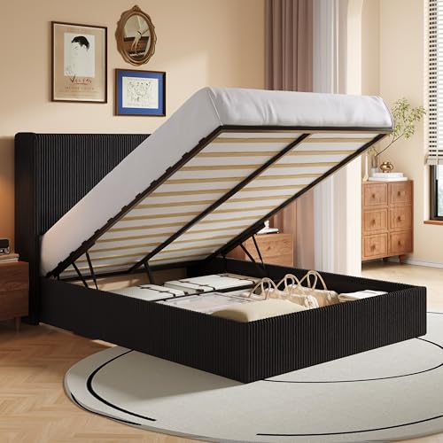 Image of SHA CERLIN Full Lift Up Storage Bed Frame, Upholstered Corduroy, Black