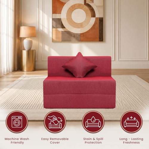 Image of Seventh Heaven 1 Seater 6 * 3 Jute Fabric Washable Cover Sofa Cum Bed with 1 Cushion 1 Seater Single Foam Fold Out Sofa Cum Bed (Finish Color - Maroon Delivery Condition - Pre-Assembled)