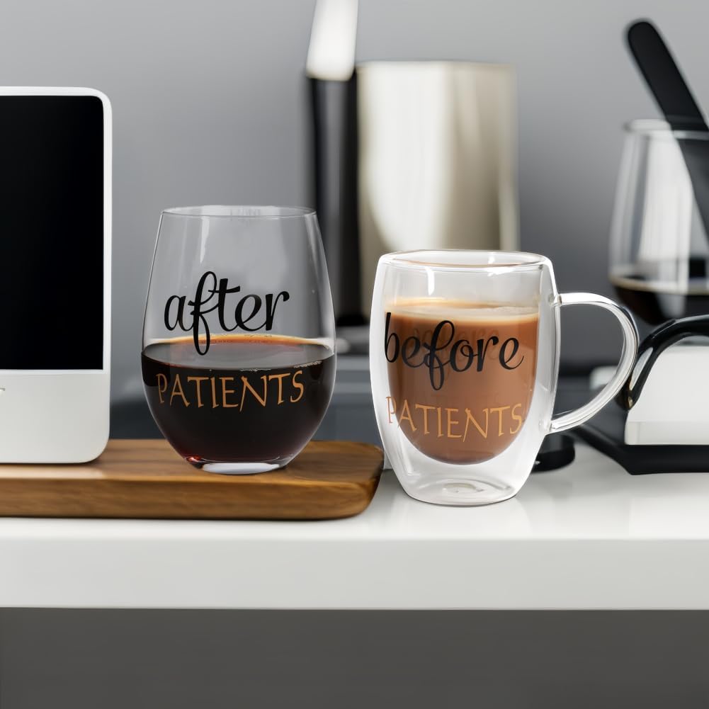 PUGED Before Patients After Patients Gift Package Set 11 oz Coffee Mug and 18 oz Stemless Wine Glass for Dentist Unique Nurses Day Graduation Gifts (Blue-glass)