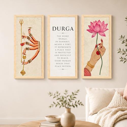 Image of Durga Wall Art Painting Set of 3 Framed Posters For Living Room, Hindu Goddess Religious Poster, Lotus & Trishul, Spiritual Indian Painting, Sanskrit for Living Room, Office, Home Decor (Size 24x48)