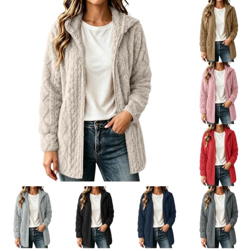 fartey Womens Fleece Jacket Casual Sherpa Long Cardigan Warm Hooded Coats