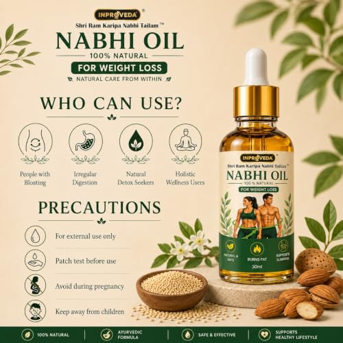 Image of Nabhi oil for Weight loss | Ayurvedic Belly Button Oil for Fat burn, Bloating Relief | Metabolism Booster & Body Detox | Multi Benefit Oil for Daily Wellness | नाभि तेल | Pack of 2X30ml=60ml