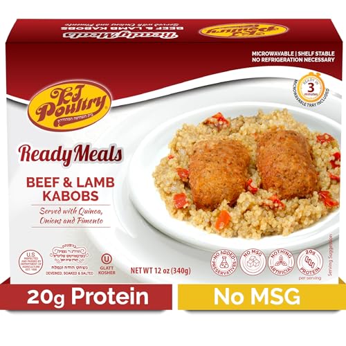 KJ Poultry Kosher Ready Meals - Beef Lamb Kabob & Quinoa, MRE Meat Meals Ready to Eat (1 Pack) Prepared Entree Fully Cooked, Shelf Stable Microwave Dinner Travel, Military, Camping, Emergency Survival