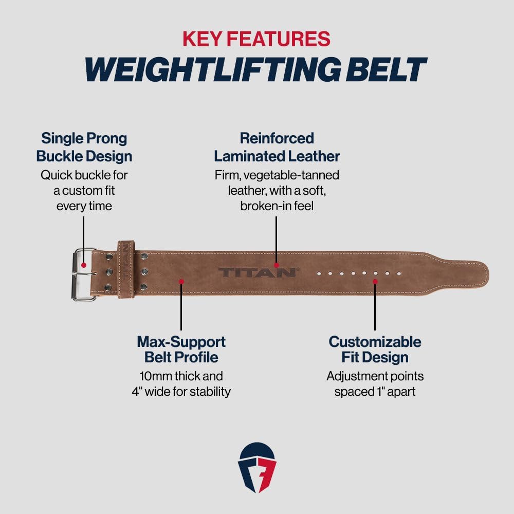 Titan Fitness MAXXUM Weightlifting Belt, 4" Wide x 10mm Thick Vegetable-Tanned Leather, Adjustable Single Prong Buckle for Powerlifting, Deadlifts, Weight Training & Bodybuilding