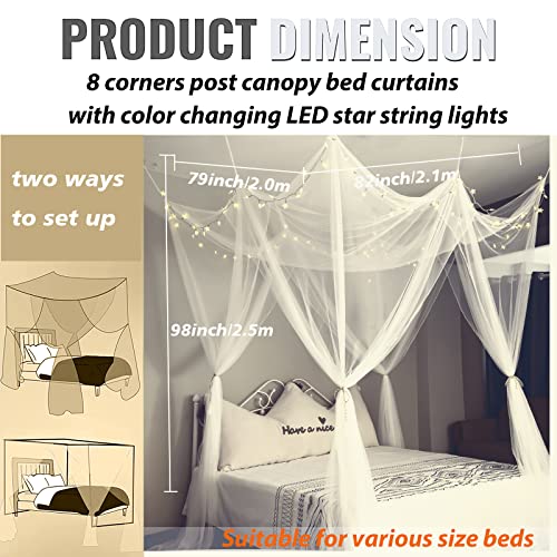 Obrecis White Bed Canopy With Star Lights For Girls, 8 Corner Post Princess Canopy Bed Curtains With 100 Led Star Lights String Color Changing For Bedroom Decor Twin Full Queen King Bed #TOP5