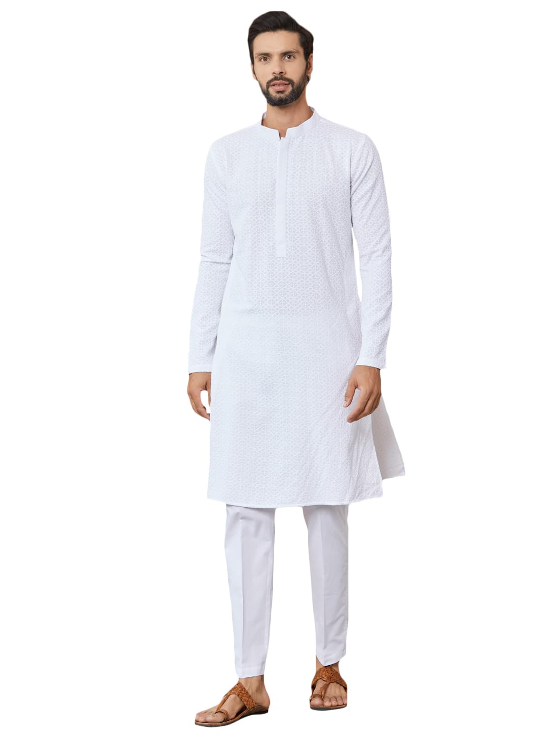 See Designs Men's Long Sleeve Mandarin Collar Side Slit White Embroidered Chikankari Pure Cotton Straight Kurta - Sdkt2566Xs