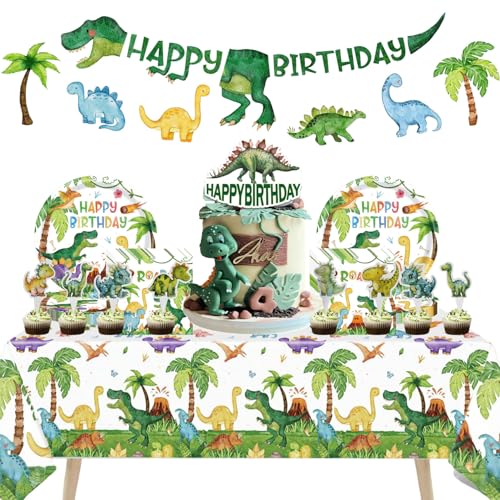 67 Pièces Anniversaire Dinosaure Deco Anniversaire Dinosaure Bannières Décorations pour gâteaux Assiette de 7 pouces Serviettes de table Nappe (274cm x...