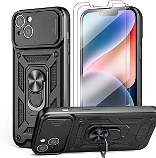 Giolus Case for iPhone 14 with Slide Camera Cover and 2 Pack Screen Protector, 360° Ring Kickstand Full Protection Rugged Armor Shockproof Phone Case Silicone Protective Cover, Black
