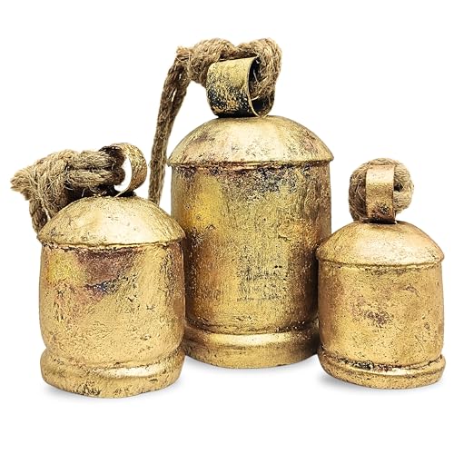 Averex Set of 3 Harmony Chic Cow Bells Huge Rustic Christmas Vintage Handmade Hanging Lucky Bells On Rope (Country Rustic, Large), Medium, Golden