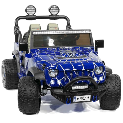 Moderno Kids Trail Explorer 2 (Two) Seater 24V Power Children Ride-On Car Truck with R/C Parental Remote + EVA Foam Rubber Wheels + Leather Seat + Bluetooth FM MP3 Music Player (Spider Blue)