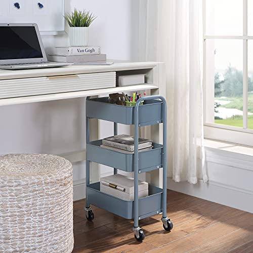 Image of SunnyPoint 3-Tier Delicate Compact Rolling Metal Storage Organizer - Mobile Utility Cart Kitchen /Under Desk Cart with Caster Wheels - Blue (15.35 inch X 10.24 inch X 26.8 inchH)