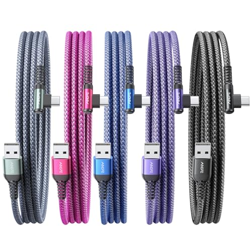 Image of AINOPE USB to USB C Cable [5-Pack, 6.6ft] 3.1A Type C Charger Fast Charging, Right Angle USB to C Cable for Galaxy A15 A25 A35 A55 A54, S10+ S10 S9, Note 20 10 9, LG V30, Moto G, Multicolored