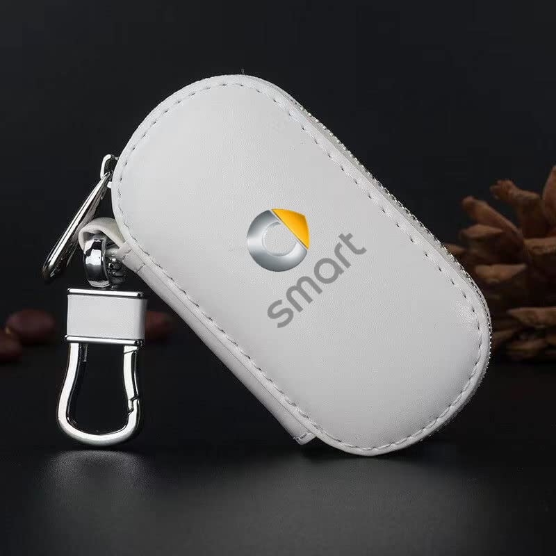 BRALEM Auto Portachiavi Portafoglio per Smart Fortwo Forfour 453 451 450 Cabrio Forfour Coupe, Vera Pelle Portatile Sacchetto Chiave Auto Cerniera Antifurto Zipper,White