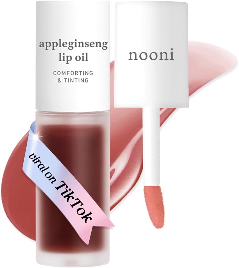 NOONI Korean Vegan Lip Oil - Appleginseng | Lip Stain, Gift, Long-Lasting, Moisturising, Plumping, Revitalising for Dry Lips, Waterproof, No Peel Off, 0.12 Fl Oz