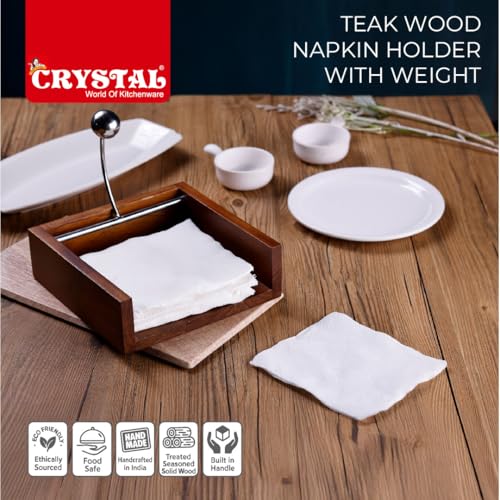 Image of Crystal Premium Teak Wood Napkin /Tissue Paper Holder with Weight | Ideal for Kitchen, Home, Dining Table, Restaurant | Handcrafted and Stylish