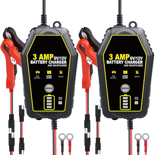 2 Pack Car Battery Charger 3 AMP, 6V/12V Smart Fully Automatic Battery Charger, Maintainer Trickle Charger and Desulfator for Motorcycle, Lead Acid, Lithium, Lifepo4 Battery, Boat, Car, Lawn Mower