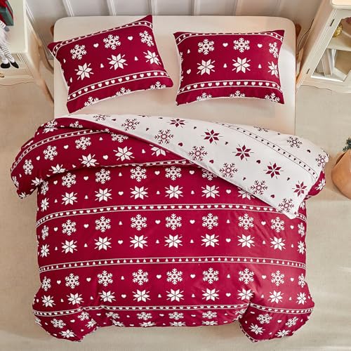 Image of Lekesky Duvet Cover Queen Size,3 Pieces Reversible Duvet Cover Set with Snowflake Red Bedding Set with Zipper and 8 Corner Ties, 1 Duvet Cover 90x90 inches + 2 Pillowcases
