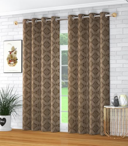 Image of Yarnis Damas Printed Room Darkening Polyester Curtains 8 Feet Long Set of 2 for Door & Windows Living Room, Coffee Brown, Parda