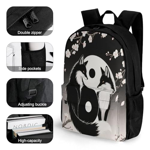 Supdreamc Shoulder Book Bags Anti-Theft Multipurpose Big Capacity Bookbag - Black And White Wolf Yin Yang Cherry Flowers Art Travel Hiking Backpack With Smooth Zippers3