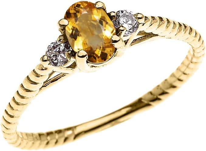 Fine 14k Yellow Gold Dainty Citrine Solitaire Rope Design Engagement/Promise Ring