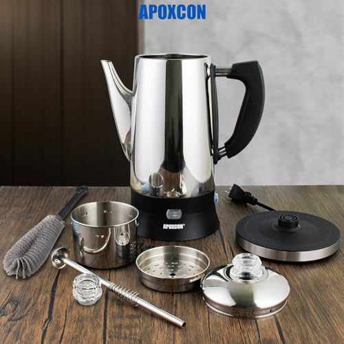 APOXCON Electric Coffee Percolator, Stainless Steel, with Glass Knob, Automatic Keep Warm, Cordless Serve, No Aluminum No Plastic Contact with Beverage (12 Cup) by APOXCON - Used condition - Image 7