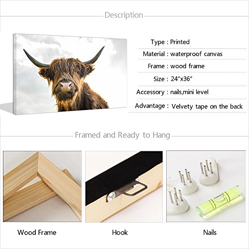 Sechars - Animal Canvas Wall Art Close-Up Highland Cattle With Long Horns Picture Print On Canvas Painting For Home Decor Modern Living Room Decorations,Framed Ready To Hang,24 X 36 #TOP5