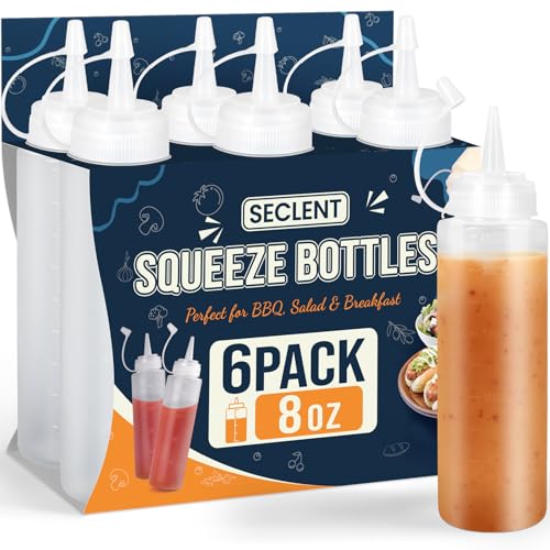 SECLENT 8 oz Squeeze Bottles for Sauces, Plastic Condiment Squeeze Bottles for Liquids, Ketchup, Squirt Bottle for Dressing, Sauce Bottle for Syrup, Oil, Dressing, Mustard, Pancake Batter - 6 Pack