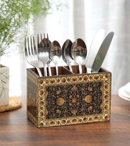 Image of DULI Multipurpose Stand, Cutlery Holder, Spoon Stand, Table Organizer with 2 Sections, Chammach Stand (10cm x 15cm) (Jamawaar)