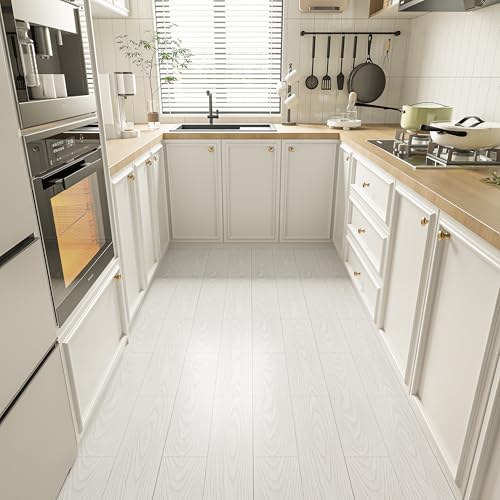 Vinylboden Selbstklebend PVC Bodenbelag Selbstklebend Fliesen Vinyl Holzoptik Bodenaufkleber Wasserdicht Verschleißfest für Küche Wohnzimmer Badezimmer Weiß Holz 15X90cm