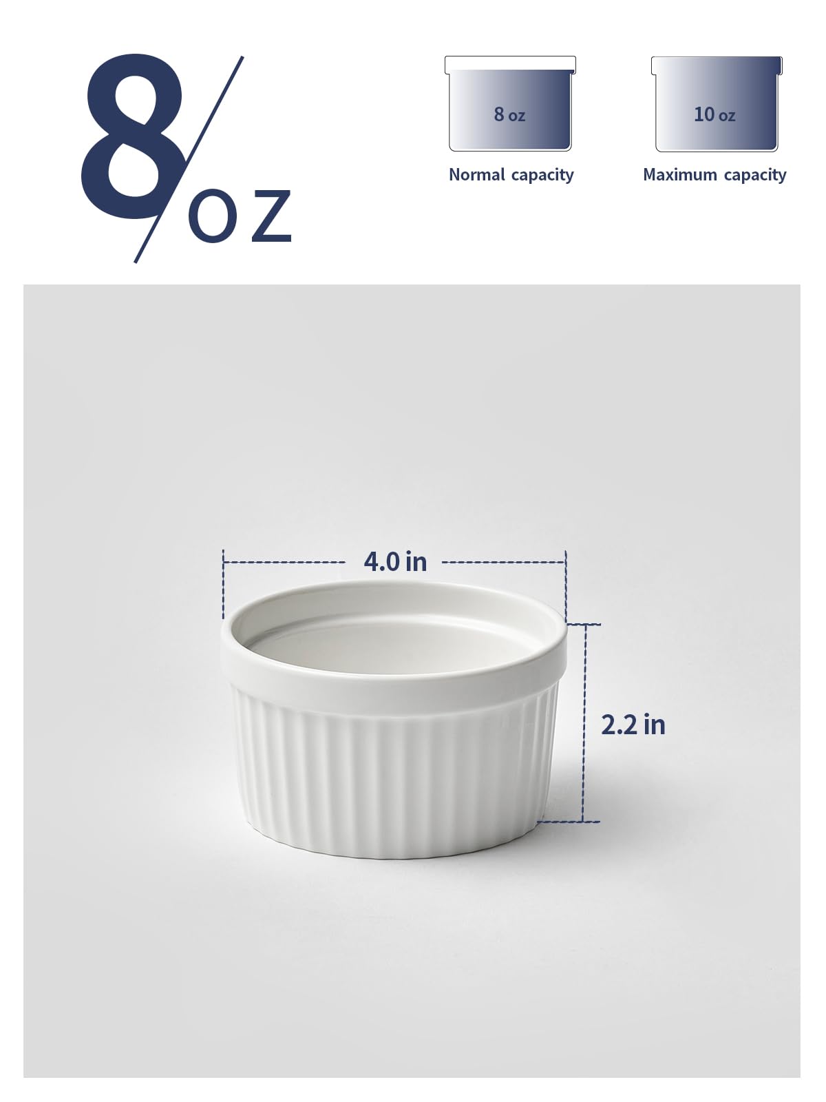Samsle Ramekins de cerámica de 8 onzas, aptos para horno, pequeños platos de soufflé para crema brulee, helado, salsa y salsas, mini cuencos de porcelana blanca para hornear, juego de 6