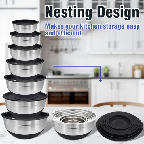 BEWOS 7 Piece Stainless Steel Mixing Bowls Set with Lid, Grater & Accessories - Nesting Bowls, Non-Slip Base, Sizes 4.5, 4, 3.5, 2.1, 1.5, 1.1, 0.7 Qt (US Qt) for Kitchen Mixing, Serving Bowls, Salad - Image 6