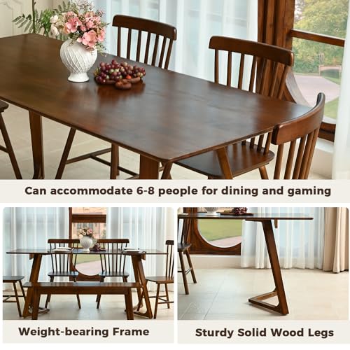 Image of DELAVIN 70.8 Inch Large Solid Wood Dinner Table for 6-8 People, Modern Oak Kitchen Table with Natural Wood Grain, Luxury Rectangular Dining Table for Family, Office, Party, Easy Assembly, Walnut