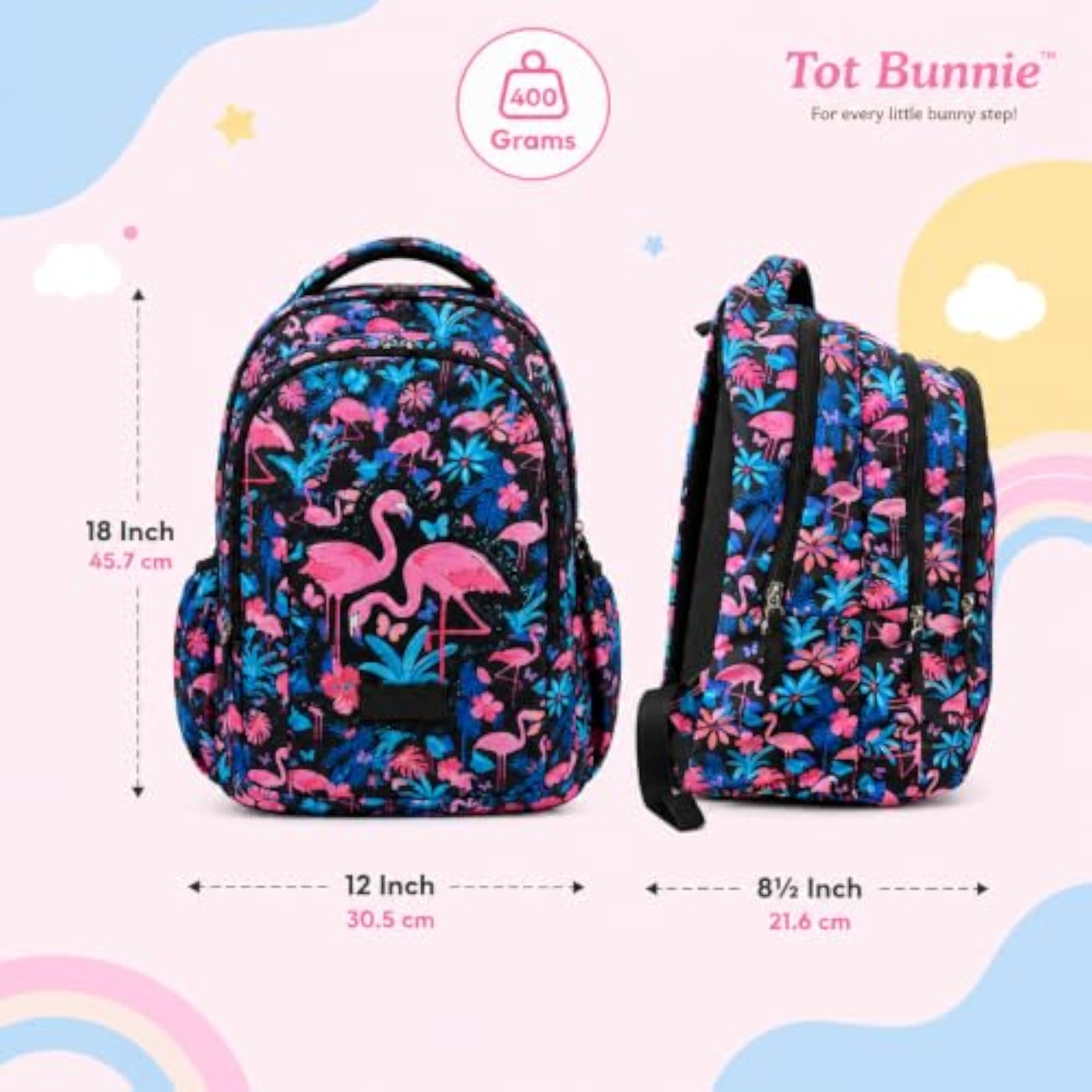 Flamingo Print Backpack for Girls, Black & Pink Tropical