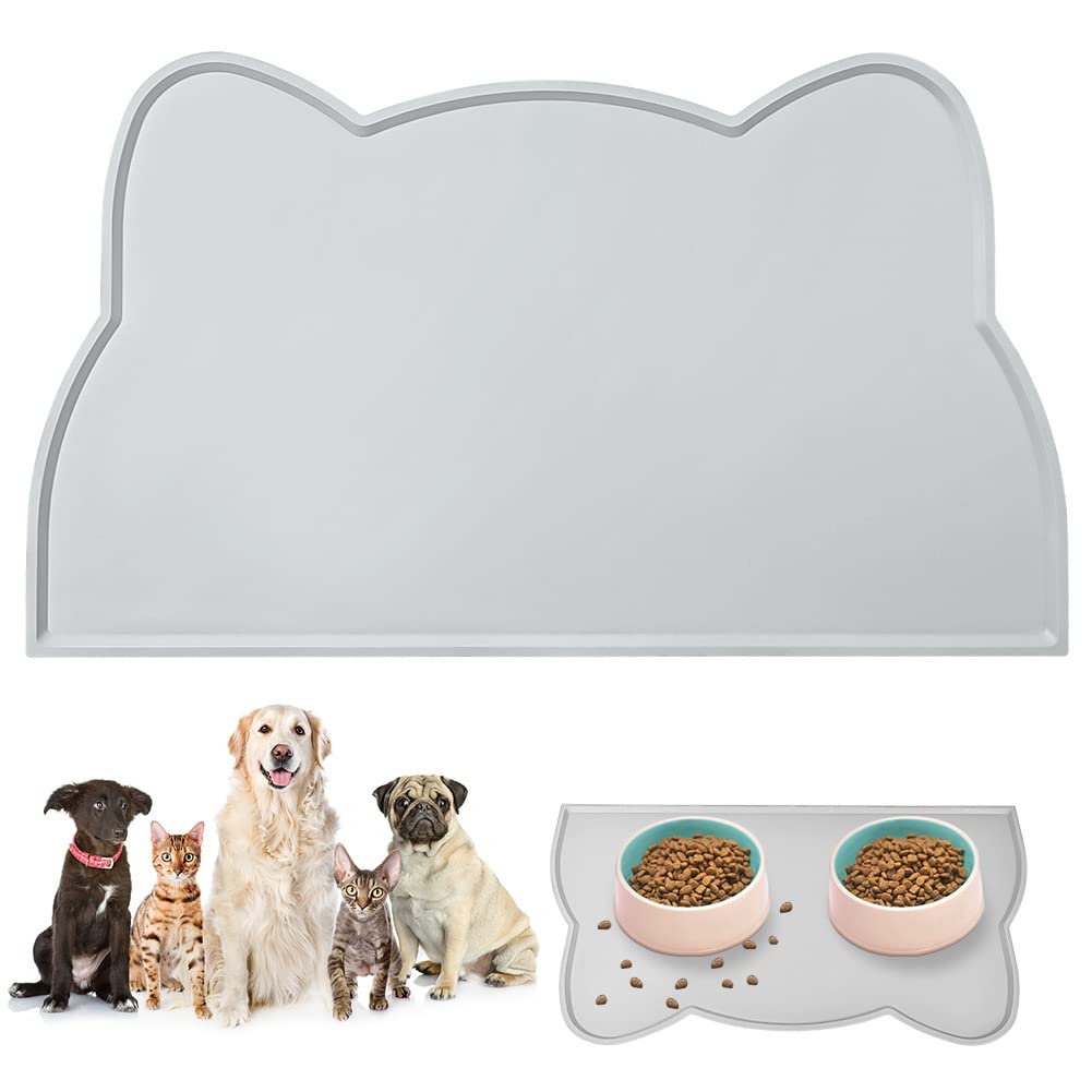 VSSHE Tappetino Ciotola Cani e Gatti in Silicone, 44 x 25 cm Tappetino per Ciotola di Cibo Antiscivolo, Tappetino Sottociotola per Animali Domestici, Evitare Fuoriuscite di Acqua o Cibo (Grigio)