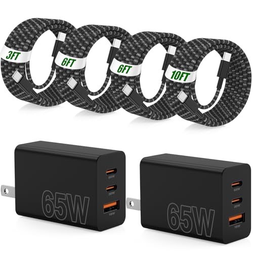 Image of 65W Super Fast Charging USB C for iPhone 17 16 Pro Max,3 Port 100W USB C Charger Block & 3 /6 /6 /10FT Braided Type C Cord for iPhone 17 16 Pro,iPhone 15 Pro Max,for Samsung S26 Ultra /MacBook Air-Black